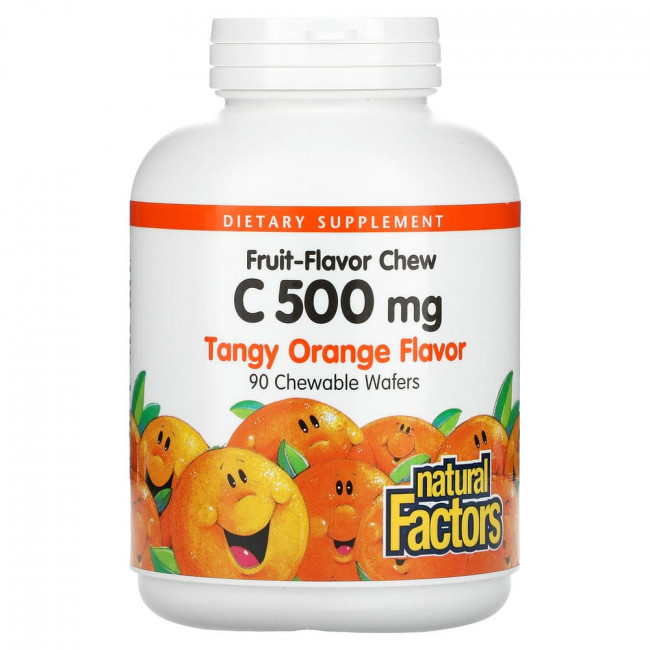 Natural Factors, Жевательный витамин C со вкусом фруктов, пикантный апельсин, 500 мг, 90 жевательных вафель Natural Factors, Жевательный витамин C со вкусом фруктов, пикантный апельсин, 500 мг, 90 жевательных вафель