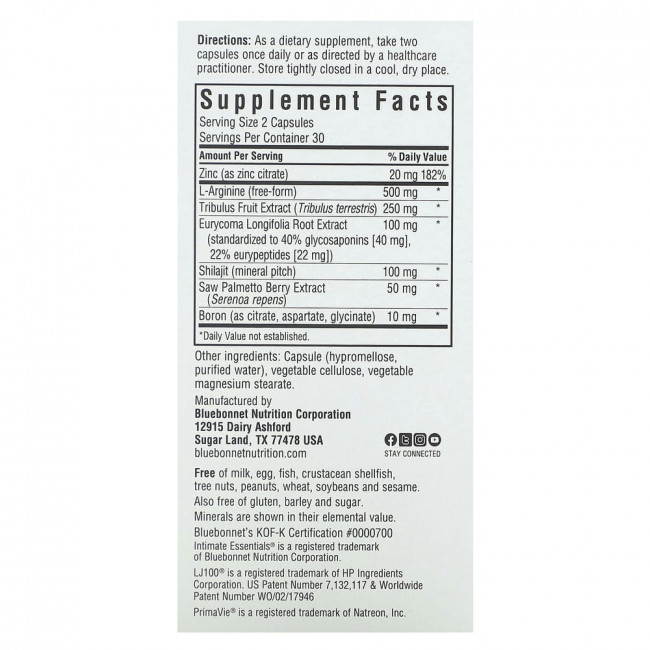 Bluebonnet Nutrition, Intimate Essentials, For Him, Testosterone & Libido Boost, 60 Vegetable Capsules