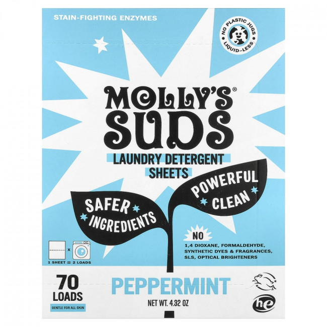 Стиральный порошок Molly's Suds в виде салфеток, мятный вкус, 35 листов.