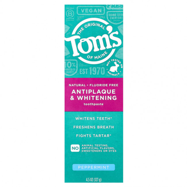 Tom's of Maine, отбеливающая зубная паста против зубного налета, без фтора, перечная мята, 127 г (4,5 унции)