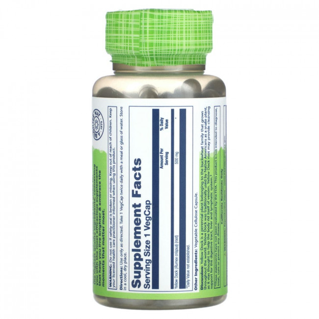Solaray, True Herbs, желтый док, 500 мг, 100 растительных капсул