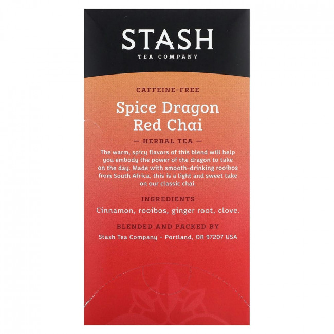 Stash Tea, Herbal Tea, Spice Dragon Red Chai, Caffeine Free, 18 Tea Bags, 1.2 oz (36 g)
