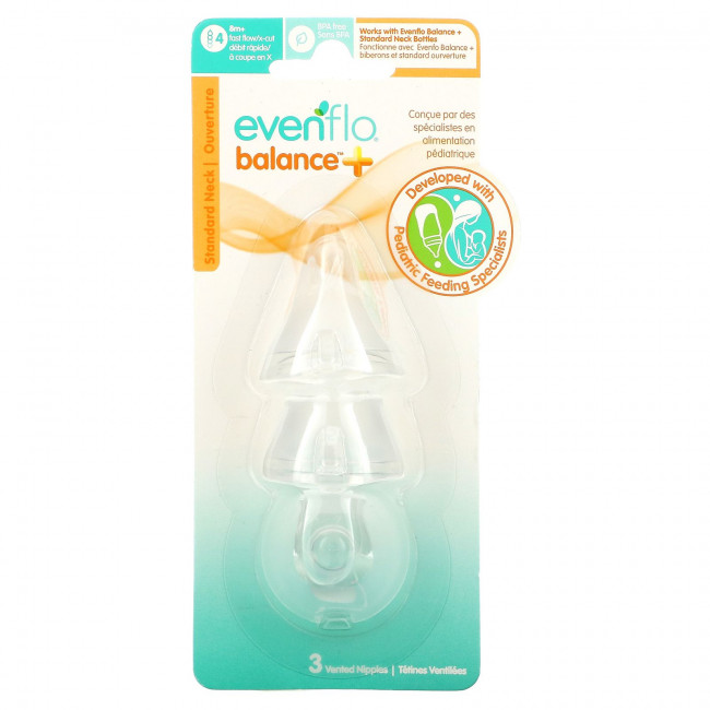 Evenflo Feeding, Balance + Nipples, Standard, для детей от 8 месяцев, Fast Flow / X-Cut, 3 вентилируемых соски Evenflo Feeding, Balance + Nipples, Standard, для детей от 8 месяцев, Fast Flow / X-Cut, 3 вентилируемых соски