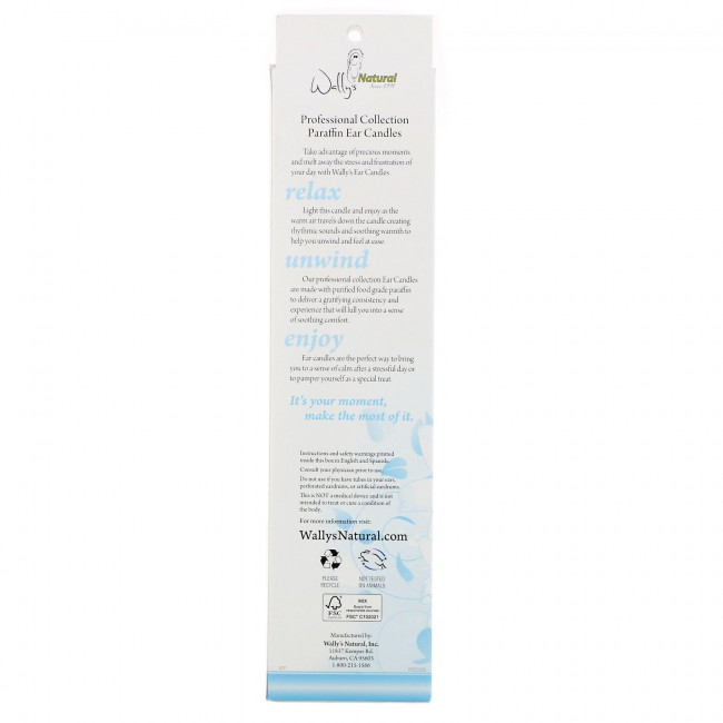 Wally's Natural, Professional Collection, ушные парафиновые свечи, без запаха, 4 шт. В упаковке