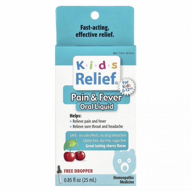 Homeolab USA, Kids Relief, жидкость для перорального применения от боли и лихорадки, для детей 0–12 лет, со вкусом вишни, 25 мл (0,85 жидк. Унции)