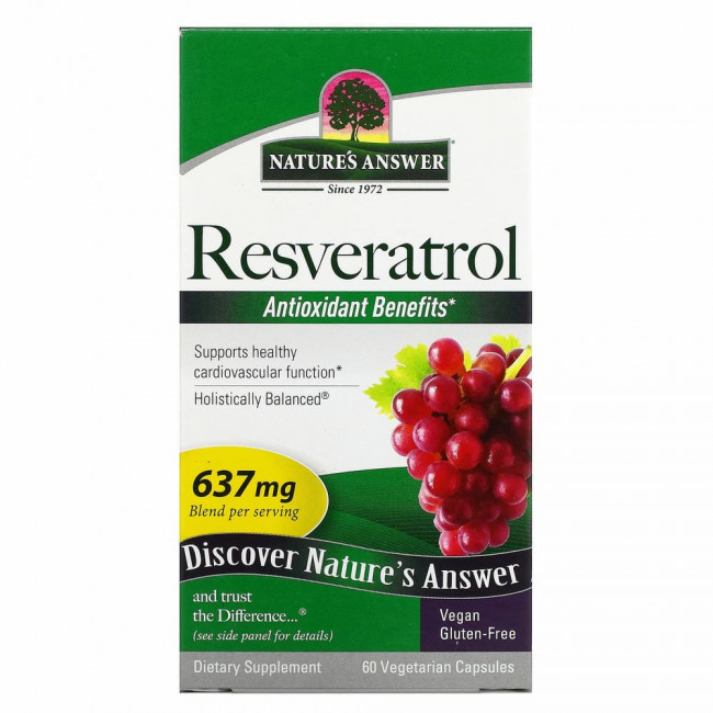 Nature's Answer, ресвератрол, 637 мг, 60 вегетарианских капсул Nature's Answer, ресвератрол, 637 мг, 60 вегетарианских капсул