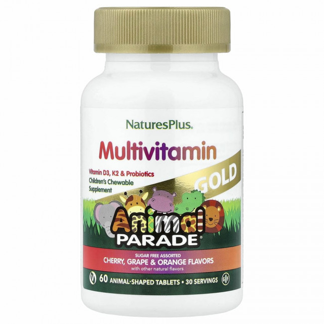 NaturesPlus, Source of Life, Animal Parade Gold, жевательные мультивитамины с микроэлементами для детей, в ассортименте, 60 таблеток в форме животных NaturesPlus, Source of Life, Animal Parade Gold, жевательные мультивитамины с микроэлементами для детей, в ассортименте, 60 таблеток в форме животных