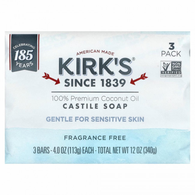 Kirk's, Gentle Castile Soap Bar, Fragrance Free, 3 Bars, 4.0 oz (113 g) Each Kirk's, Gentle Castile Soap Bar, Fragrance Free, 3 Bars, 4.0 oz (113 g) Each
