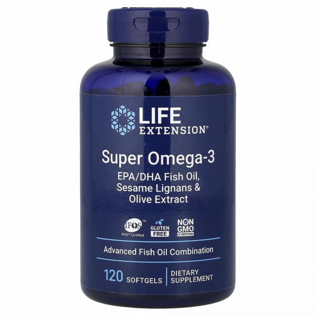 Life Extension, супер омега-3 из рыбьего жира с ЭПК и ДГК, с лигнанами кунжута и экстрактом оливы, 120 капсул