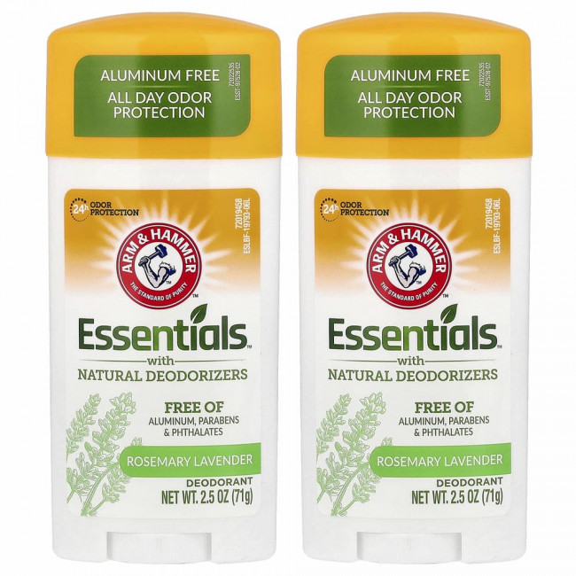 Arm & Hammer, Essentials с натуральными дезодорантами, дезодорант, розмарин и лаванда, 2 упаковки по 71 г (2,5 унции) Arm & Hammer, Essentials с натуральными дезодорантами, дезодорант, розмарин и лаванда, 2 упаковки по 71 г (2,5 унции)