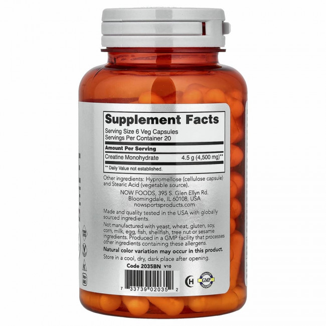NOW Foods, Sports, моногидрат креатина, 750 мг, 120 растительных капсул
