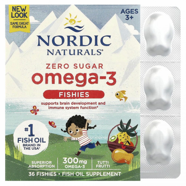 Nordic Naturals, Nordic Omega-3 Fishies, рыбки с омега-3, для детей от 2 лет, вкус тутти-фрутти, 300 мг, 36 рыбок Nordic Naturals, Nordic Omega-3 Fishies, рыбки с омега-3, для детей от 2 лет, вкус тутти-фрутти, 300 мг, 36 рыбок