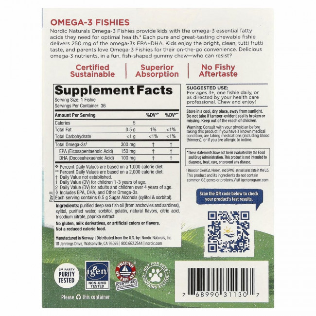 Nordic Naturals, Nordic Omega-3 Fishies, рыбки с омега-3, для детей от 2 лет, вкус тутти-фрутти, 300 мг, 36 рыбок Nordic Naturals, Nordic Omega-3 Fishies, рыбки с омега-3, для детей от 2 лет, вкус тутти-фрутти, 300 мг, 36 рыбок