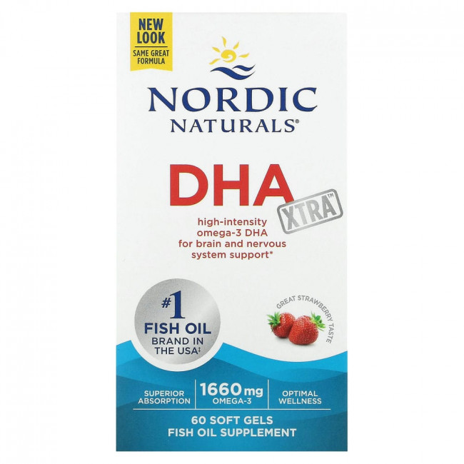 Nordic Naturals, DHA Xtra, клубничный вкус, 830 мг, 60 мягких таблеток Nordic Naturals, DHA Xtra, клубничный вкус, 830 мг, 60 мягких таблеток