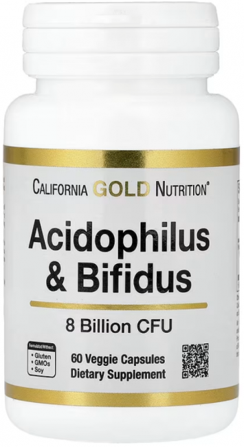 California Gold Nutrition, добавка с ацидофильными лактобактериями и бифидобактерями, смесь пробиотиков с ацидофильными лактобактериями, бифидобактериями лактис и бифидобактериями лонгум, 60 вегетарианских капсул