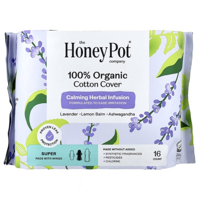 The Honey Pot Company, органический успокаивающий травяной настой, подушечки с крылышками, супер, 16 шт.
