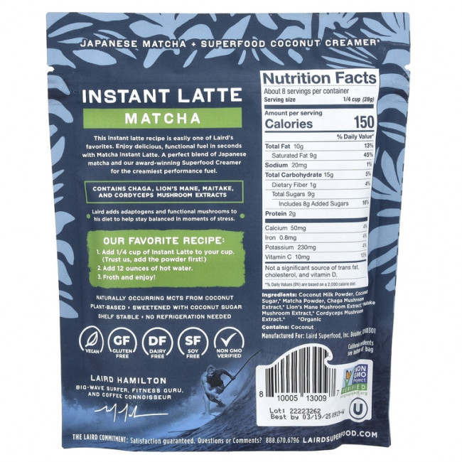 Laird Superfood, Растворимый латте, матча + крамер + адаптогены, матча, 227 г (8 унций)