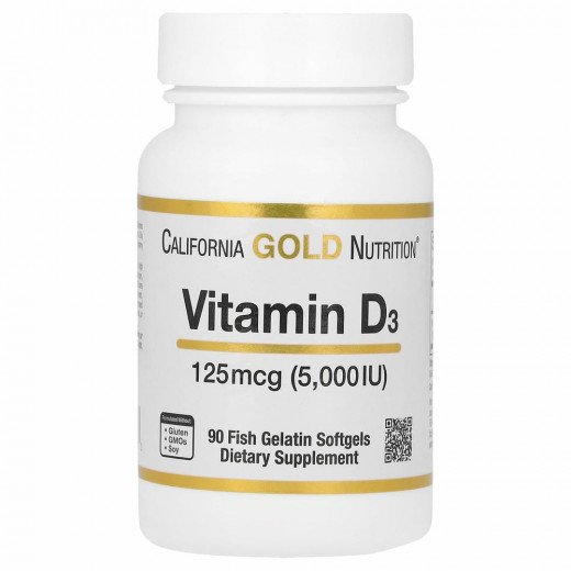 California Gold Nutrition, витамин D3, 125 мкг (5000 МЕ), 90 капсул из рыбьего желатина &mdash; 