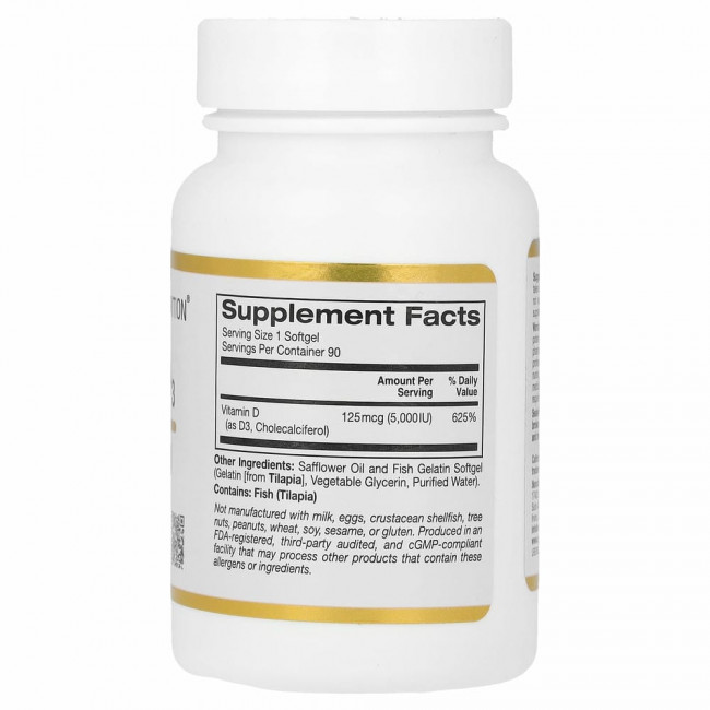 California Gold Nutrition, витамин D3, 125 мкг (5000 МЕ), 90 капсул из рыбьего желатина California Gold Nutrition, витамин D3, 125 мкг (5000 МЕ), 90 капсул из рыбьего желатина