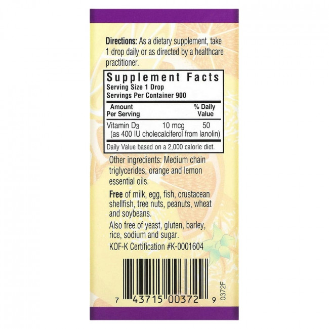 Bluebonnet Nutrition, Жидкий витамин D3 в каплях, натуральный аромат цитрусовых, 400 МЕ, 1 жидк. унц. (30 мл)