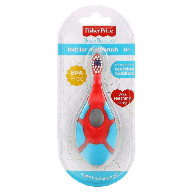 Fisher-Price, BrushBuddies, зубная щетка для малышей с кольцом для прорезывания зубов, от 3 месяцев, 1 зубная щетка Fisher-Price, BrushBuddies, зубная щетка для малышей с кольцом для прорезывания зубов, от 3 месяцев, 1 зубная щетка