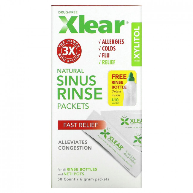 Xlear, Natural Sinus Rinse в пакетиках, быстрое облегчение, 50 шт., По 6 г Xlear, Natural Sinus Rinse в пакетиках, быстрое облегчение, 50 шт., По 6 г
