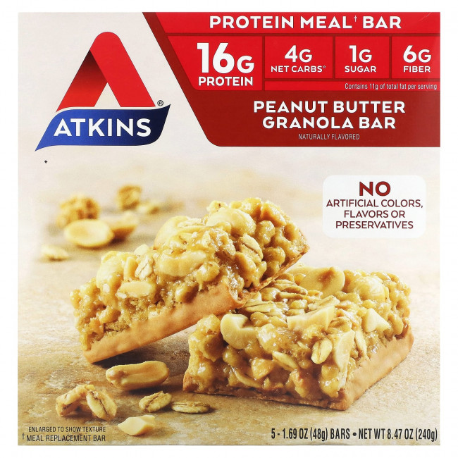 Atkins, Protein Meal Bar, батончик-гранола с арахисовой пастой, 5 батончиков, 50 г (1,76 унции) Atkins, Protein Meal Bar, батончик-гранола с арахисовой пастой, 5 батончиков, 50 г (1,76 унции)