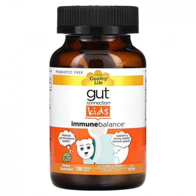 Country Life, Gut Connection Kids, средство для укрепления иммунитета, кисло-сладкий вкус, 100 жевательных таблеток Country Life, Gut Connection Kids, средство для укрепления иммунитета, кисло-сладкий вкус, 100 жевательных таблеток