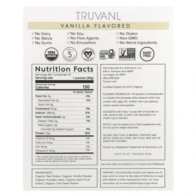 Truvani, протеин на растительной основе, со вкусом ванили, 10 пакетиков по 29 г (1,02 унции) Truvani, протеин на растительной основе, со вкусом ванили, 10 пакетиков по 29 г (1,02 унции)