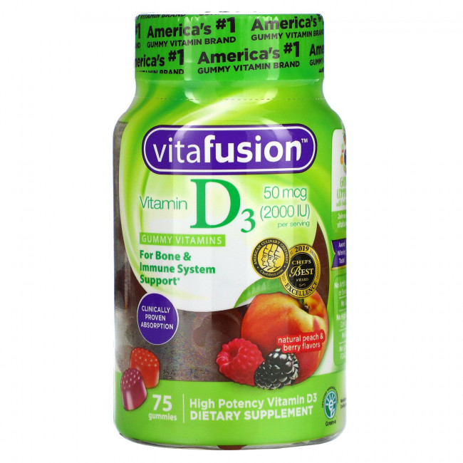 VitaFusion, Витамин D3, натуральный персик и ягоды, 25 мкг (1000 МЕ), 75 жевательных таблеток VitaFusion, Витамин D3, натуральный персик и ягоды, 25 мкг (1000 МЕ), 75 жевательных таблеток