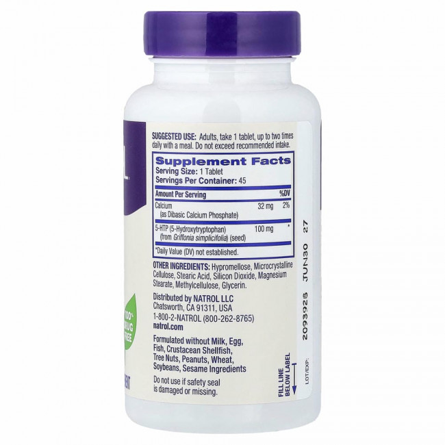 Natrol, 5-гидрокситриптофан, медленное высвобождение, с повышенной силой действия, 100 мг, 45 таблеток