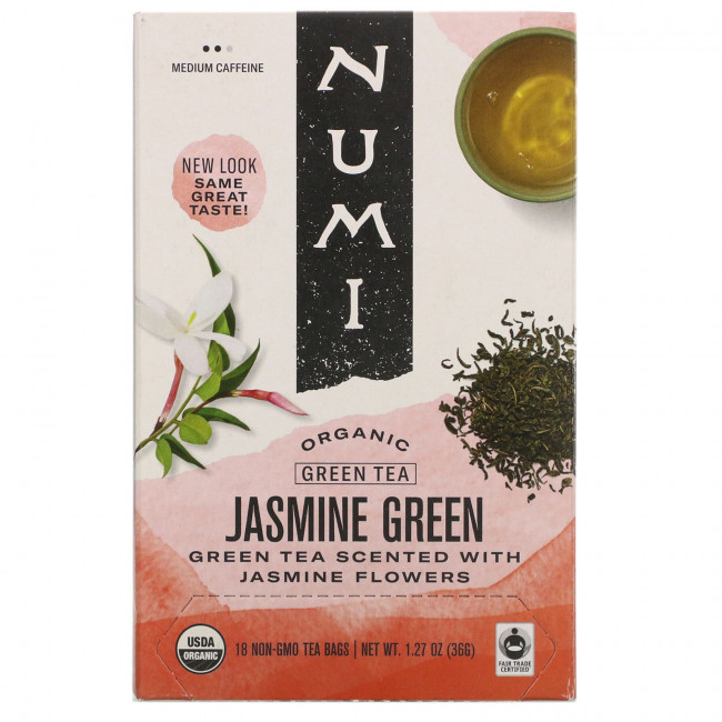 Numi Tea, Органический зеленый чай, зеленый жасмин, 18 чайных пакетиков, 1,27 унции (36 г) Numi Tea, Органический зеленый чай, зеленый жасмин, 18 чайных пакетиков, 1,27 унции (36 г)