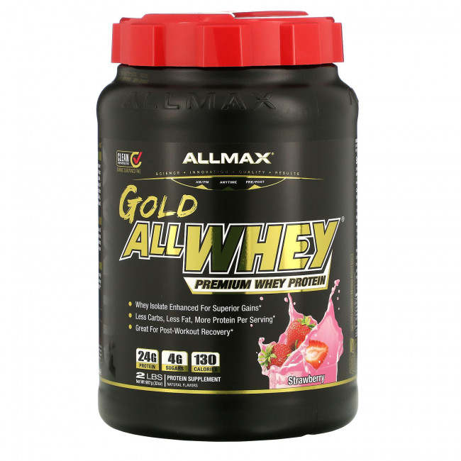 ALLMAX Nutrition, AllWhey Gold, 100% сывороточный белок премиум-качества, со вкусом клубники, 907 г (2 фунта) ALLMAX Nutrition, AllWhey Gold, 100% сывороточный белок премиум-качества, со вкусом клубники, 907 г (2 фунта)