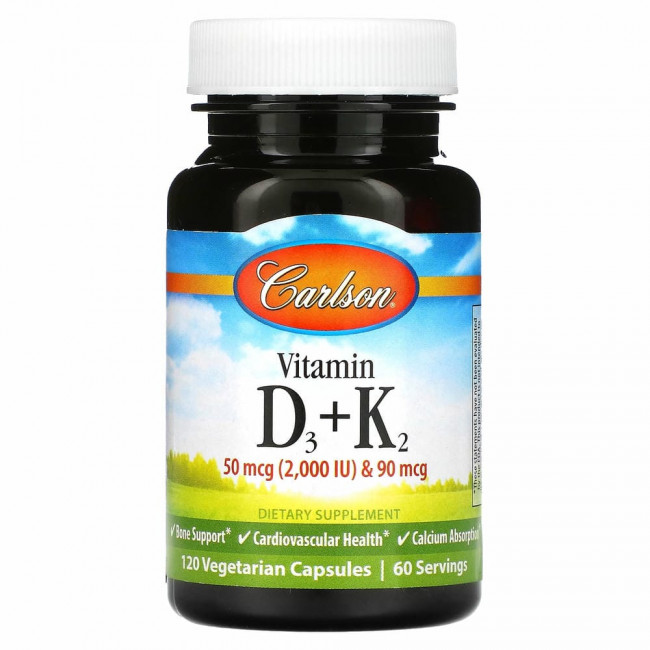Carlson, Витамин D3 и K2, 50 мкг (2000 МЕ) и 90 мкг, 120 вегетарианских капсул Carlson, Витамин D3 и K2, 50 мкг (2000 МЕ) и 90 мкг, 120 вегетарианских капсул