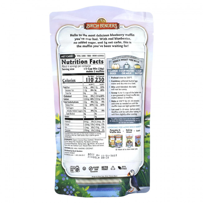 Birch Benders, Muffin Mix, кето, голубика, 227 г (8 унций) Birch Benders, Muffin Mix, кето, голубика, 227 г (8 унций)