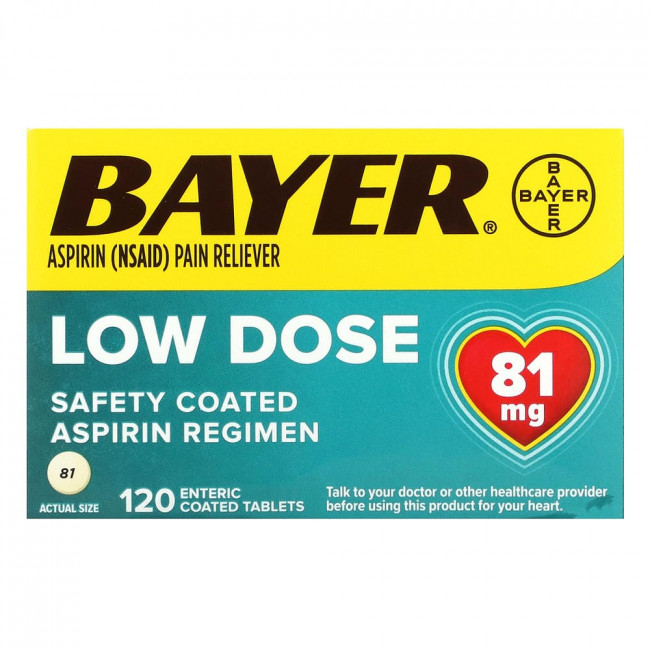 Bayer, Аспирин в защитной оболочке, низкая доза, 81 мг, 120 таблеток в кишечнорастворимой оболочке