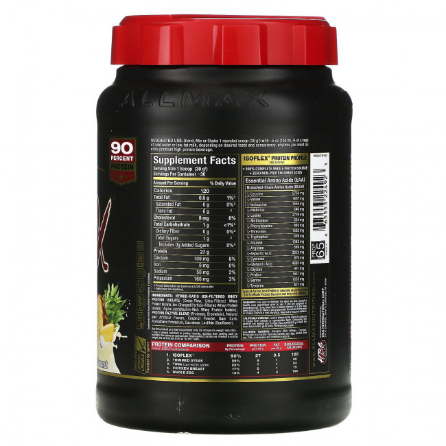 ALLMAX Nutrition, Isoflex, чистый изолят сывороточного протеина (фильтрация ионно-заряженных частиц WPI), ананас и кокос, 907 г (2 фунта) ALLMAX Nutrition, Isoflex, чистый изолят сывороточного протеина (фильтрация ионно-заряженных частиц WPI), ананас и кокос, 907 г (2 фунта)
