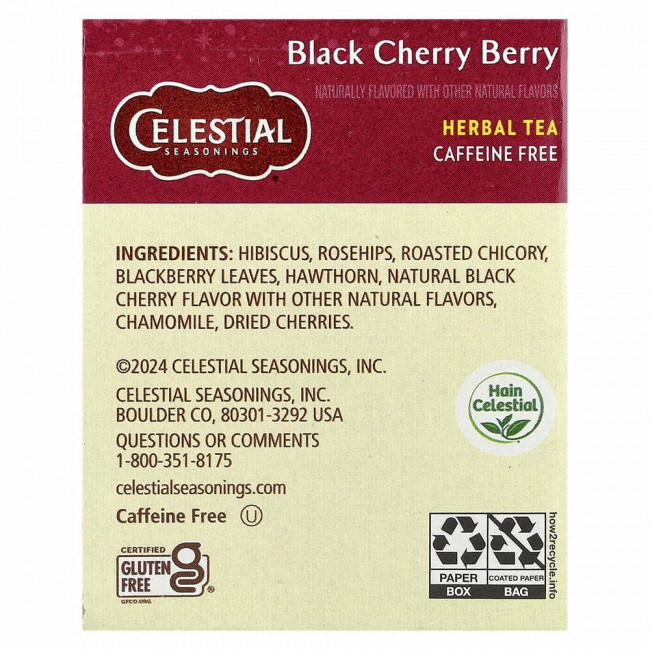 Celestial Seasonings, Травяной чай, Черная вишня, без кофеина 20 чайных пакетиков, 1.6 унции (44 г) Celestial Seasonings, Травяной чай, Черная вишня, без кофеина 20 чайных пакетиков, 1.6 унции (44 г)