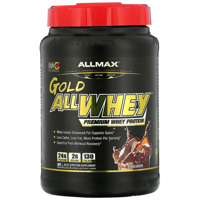 ALLMAX Nutrition, AllWhey Gold, 100 % сывороточный белок + изолят сывороточного белка премиум-качества, со вкусом шоколада, 907 г (2 фунта) ALLMAX Nutrition, AllWhey Gold, 100 % сывороточный белок + изолят сывороточного белка премиум-качества, со вкусом шоколада, 907 г (2 фунта)