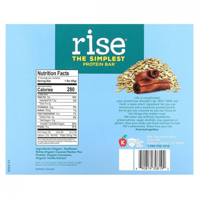 Rise Bar, The Simplest Protein Bar, Sunflower Cinnamon, 12 Bars, 2.1 oz (60 g) Each