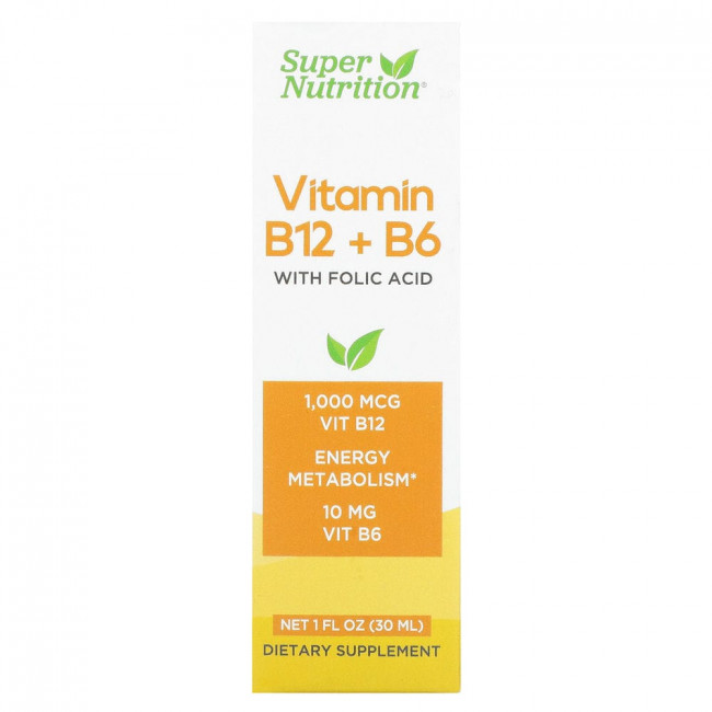 Super Nutrition, витамины B12 и B6 с фолиевой кислотой, 30 мл (1 жидк. унция) Super Nutrition, витамины B12 и B6 с фолиевой кислотой, 30 мл (1 жидк. унция)