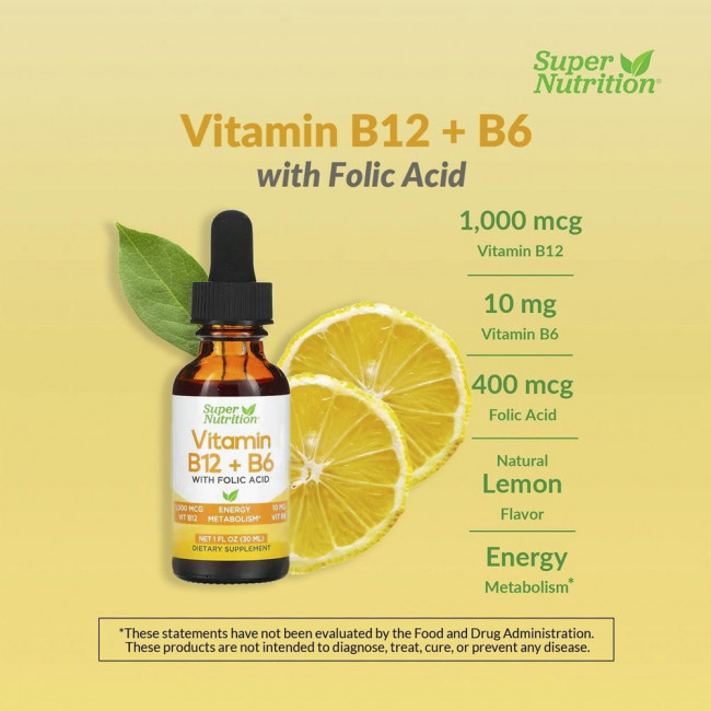 Super Nutrition, витамины B12 и B6 с фолиевой кислотой, 30 мл (1 жидк. унция) Super Nutrition, витамины B12 и B6 с фолиевой кислотой, 30 мл (1 жидк. унция)