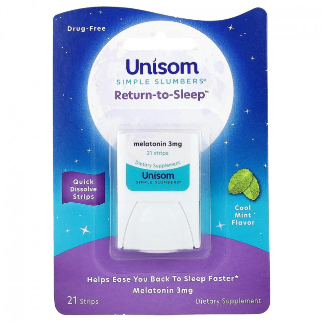 Unisom, Simple Slumbers, Return-To-Sleep, полоски мелатонина, прохладная мята, 3 мг, 21 полоска