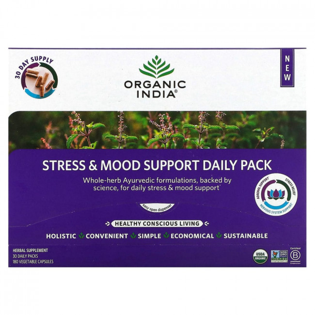 Organic India, Ежедневное средство для поддержки стресса и хорошего настроения, 30 ежедневных пакетиков, 180 растительных капсул Organic India, Ежедневное средство для поддержки стресса и хорошего настроения, 30 ежедневных пакетиков, 180 растительных капсул