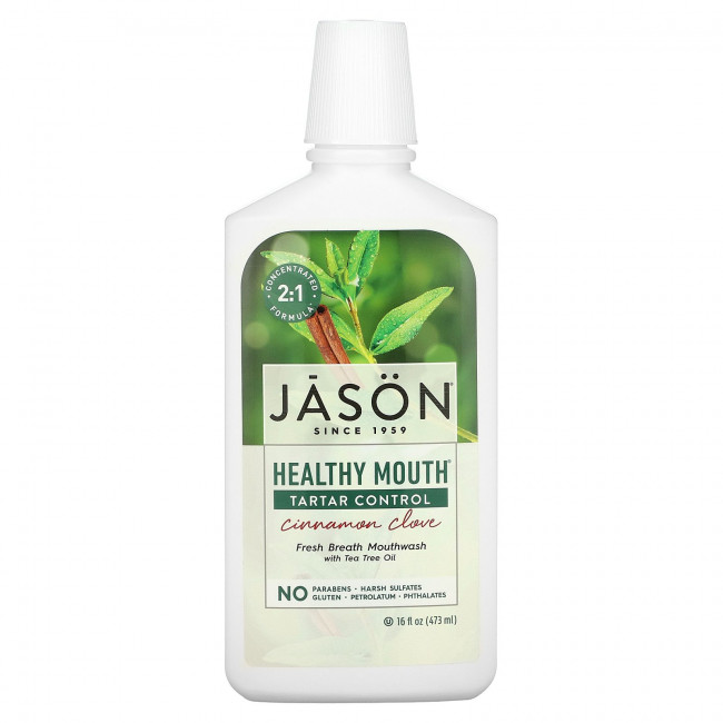 Jason Natural, Healthy Mouth, освежающая дыхание жидкость для полоскания рта, предотвращает образование зубного камня, корица и гвоздика, 473 мл (16 жидких унций) Jason Natural, Healthy Mouth, освежающая дыхание жидкость для полоскания рта, предотвращает образование зубного камня, корица и гвоздика, 473 мл (16 жидких унций)
