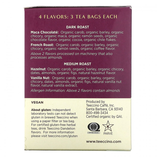 Teeccino, Пробник обжаренного травяного чая, 4 вкуса, без кофеина, 12 чайных пакетиков, 72 г (2,54 унции)