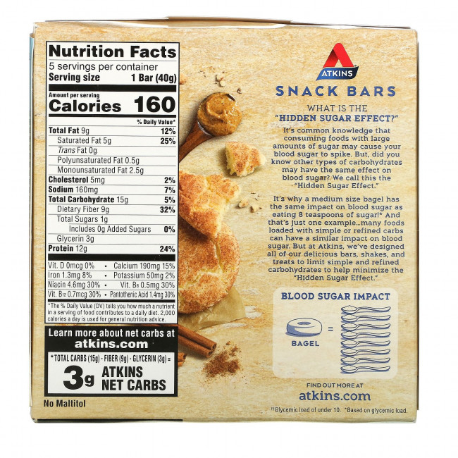 Atkins, Snickerdoodle Bar, Gluten Free, 5 Bars, 1.41 oz (40 g) Each Atkins, Snickerdoodle Bar, Gluten Free, 5 Bars, 1.41 oz (40 g) Each
