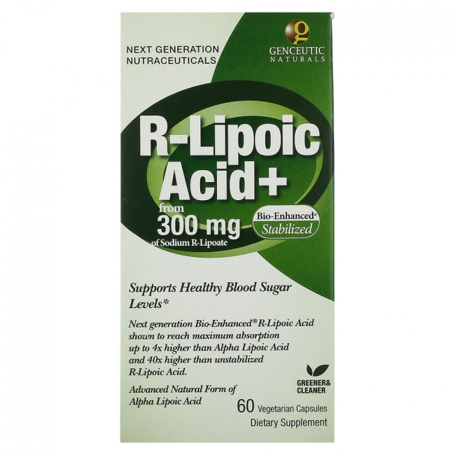Genceutic Naturals, R-липоевая кислота+, 300 мг, 60 вегетарианских капсул Genceutic Naturals, R-липоевая кислота+, 300 мг, 60 вегетарианских капсул
