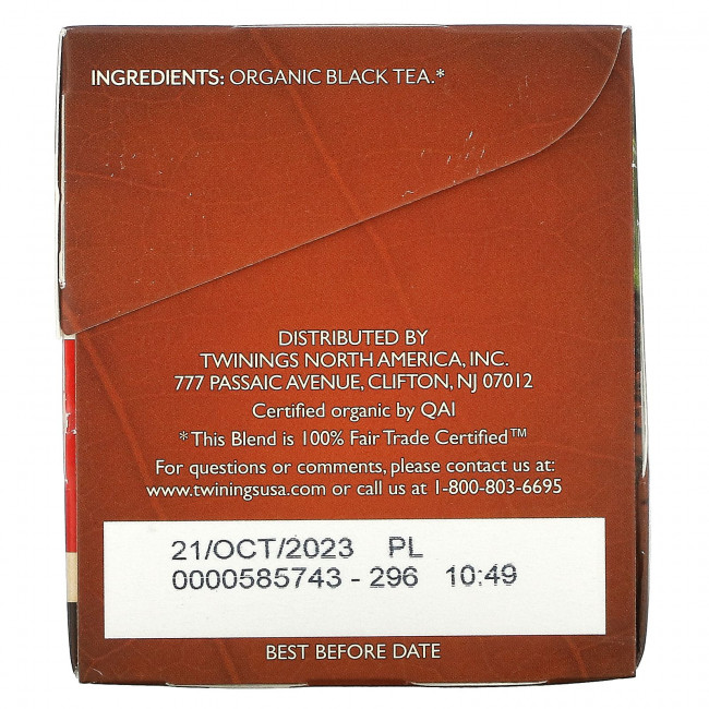 Twinings, 100% Органический Черный Чай, Купаж для Завтрака, 20 пакетиков, 1.41 унций (40 г)