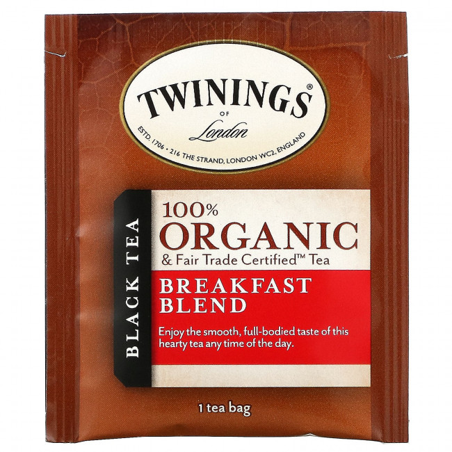 Twinings, 100% Органический Черный Чай, Купаж для Завтрака, 20 пакетиков, 1.41 унций (40 г)
